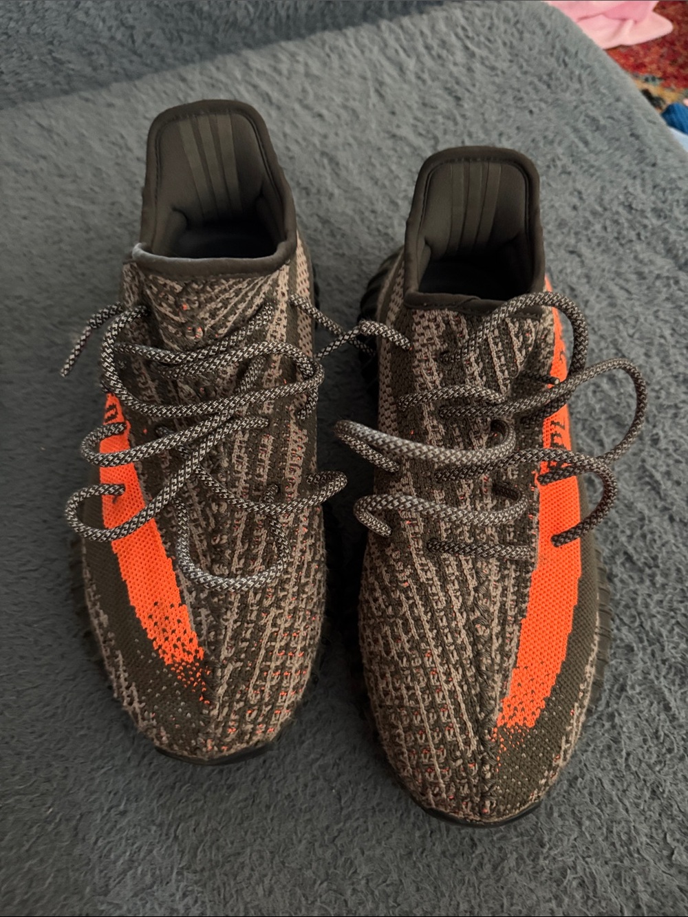adidas Men's Yeezy adidas Boost Dark Gray Knit Sneakers with Orange Stripe